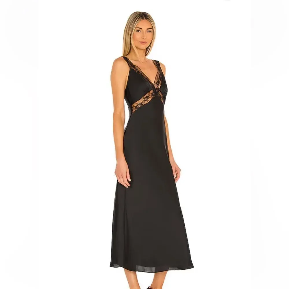 Majorelle Cami midi dress black lingerie style slip lace trim satin Revolve - Picture 2 of 9